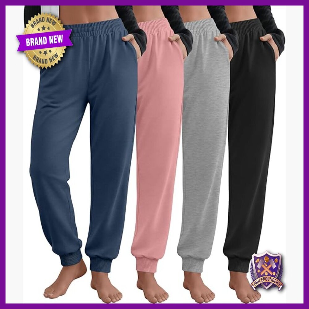 4 Pack Women's Jogger Pants Side Pockets Drawstring Elastic Waist Lounge